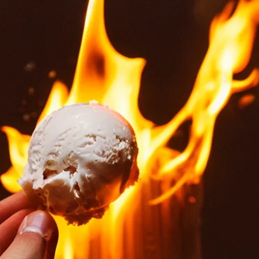 Prompt: photo of an ice cream on fire