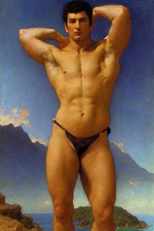 Image similar to portrait of rock hudson flexing his muscles, victor Nizovtsev, bouguereau