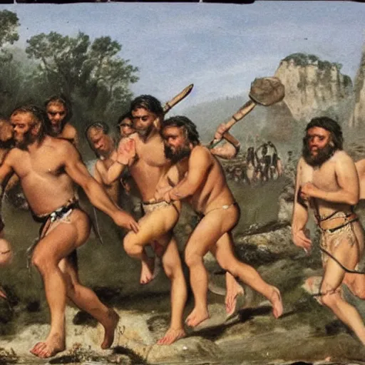 Image similar to a group of neanderthals with very little clothing running towards a roman legion.
