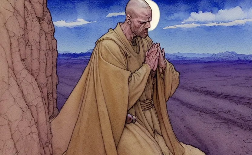 Image similar to a hyperrealist watercolour concept art of a medieval monk in grey robes kneeling in prayer on a desert road. a large space - time bending portal is above them in the sky. by rebecca guay, michael kaluta, charles vess and jean moebius giraud. high detail, hq, wide shot