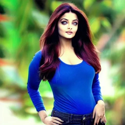 Image similar to aishwarya rai, blue tight tshirt, black extremely tight jeans, beautiful, award winning photography, extremely detailed, hyperrealistic, 4 k, real detailed face