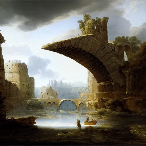 Image similar to digital fantasy of ruined with crystal openwork lace bridge aqueduct at mountain painting by hubert robert high resolution devianart detailed, dreamy, clouds, river