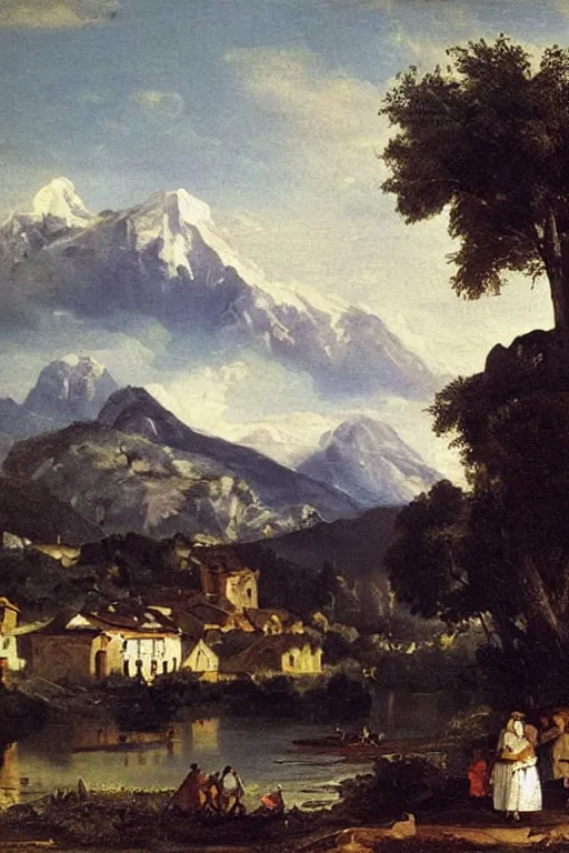 Prompt: a beautiful oil painting of a quaint village with mountains by Bartolomé Esteban Murillo