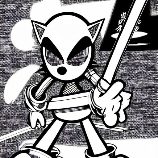Prompt: hyper metal sonic pointing a katana sword at super mario, in a highly detailed manga style illustration, dark, cyberpunk, dystopian
