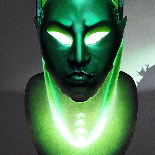 Prompt: portrait of enigmatic wise man, wearing full mask made of green polished emerald rendered in unreal engine, soviet poster aesthetic, dnd universum, dark fantasy, painted by artgerm and glenn rane