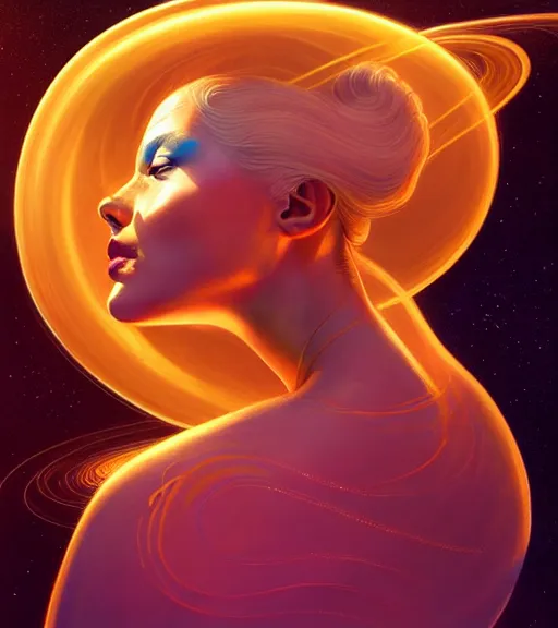 Prompt: a golden woman 2/3 figurative portrait, in space, head breaking apart and spiraling geometry into the sky upwards into another dimension, lazer light beaming down to top of her head, by james jean, artgerm, featured in artstation, elegant, Moebius, Greg rutkowski, anime