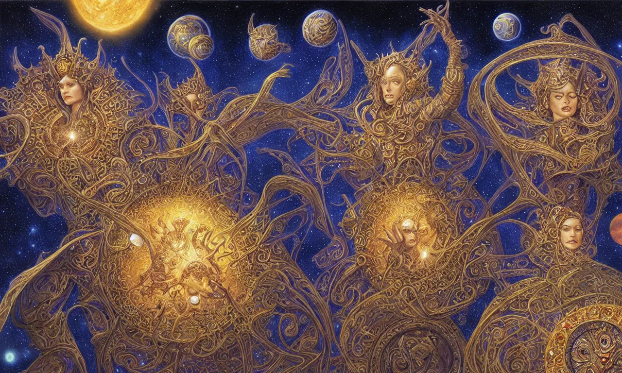 Image similar to sun king and moon queen in the cosmic court of mystical astronomy, art by james c. christensen and donato giancola