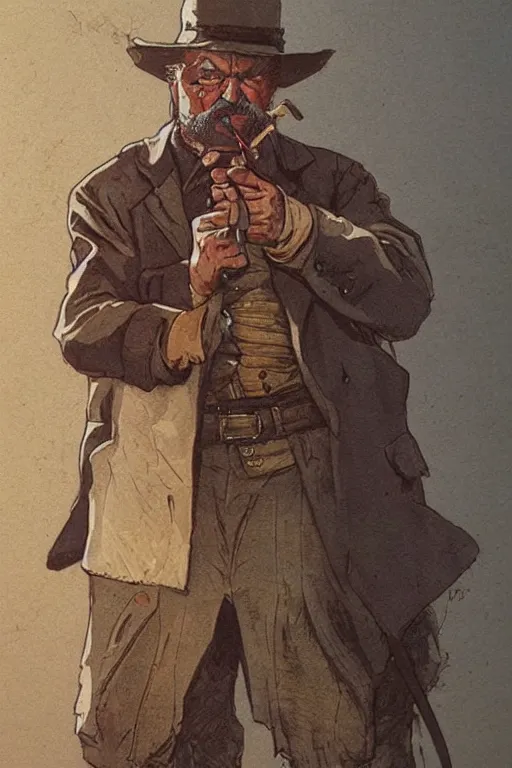 Image similar to vernon. Smug old west circus sharpshooter. concept art by James Gurney and Mœbius.