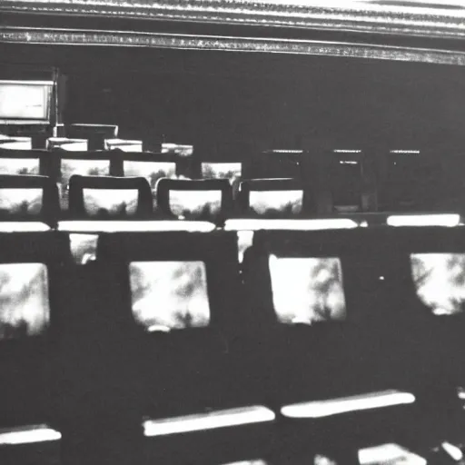 Image similar to 1 9 5 0's movie theatre, full audience all wearing vr headsets. image taken at front of theatre looking towards the crowd. dark only light coming from the screen. audience illuminated