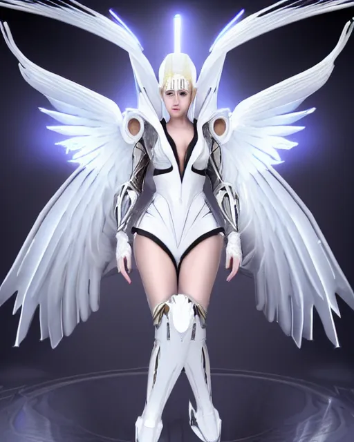 Image similar to perfect white haired attractive egyptian goddess with huge white dove wings, warframe armor, beautiful, symmetric, miley cirus, half asian, pretty face, blue eyes, detailed, scifi platform, laboratory, experiment, 4 k, ultra realistic, epic lighting, android body, illuminated, cinematic, masterpiece, art by akihito tsukushi, voidstar