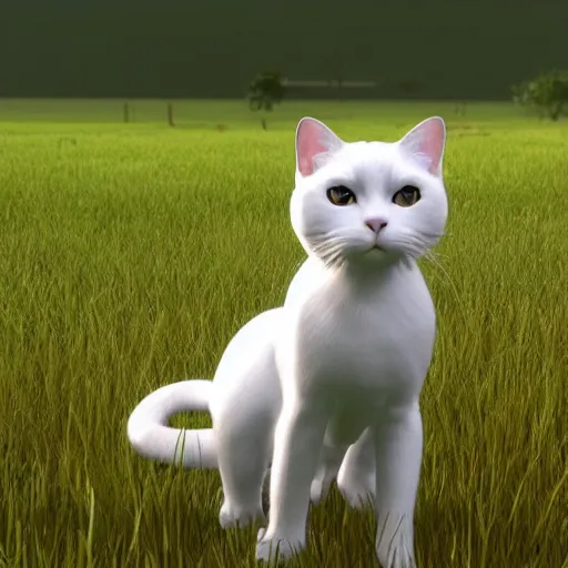 Image similar to a white cat with green eyes standing in a field, unreal engine, detailed