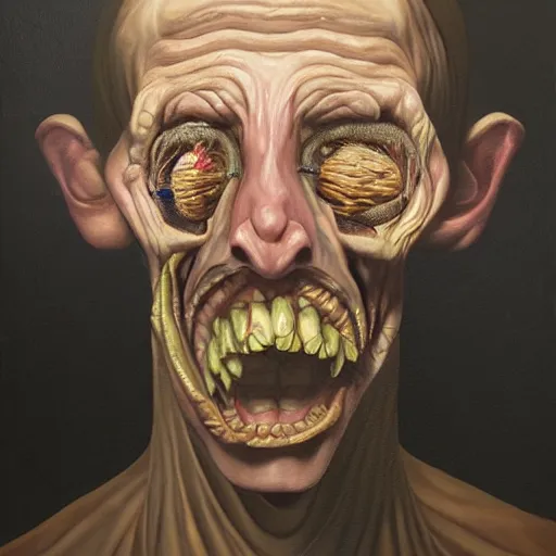 Image similar to Oil painting by Christian Rex Van Minnen of a portrait of an extremely bizarre disturbing mutated man with intense chiaroscuro lighting perfect composition