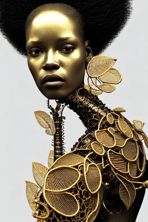 Prompt: complex 3d render ultra detailed of a beautiful porcelain profile afro woman face, earring, biomechanical cyborg, analog, 150 mm lens, beautiful studio soft light, rim light, silver brushed gold metal details, big leaves and stems, roots, fine foliage lace, mesh wire, Alexander Mcqueen high fashion haute couture, art nouveau fashion embroidered, steampunk, intricate details, hyper realistic, ultra detailed, mandelbrot fractal, anatomical, facial muscles, cable wires, microchip, elegant, octane render, H.R. Giger style, volumetric lighting, 8k post-production