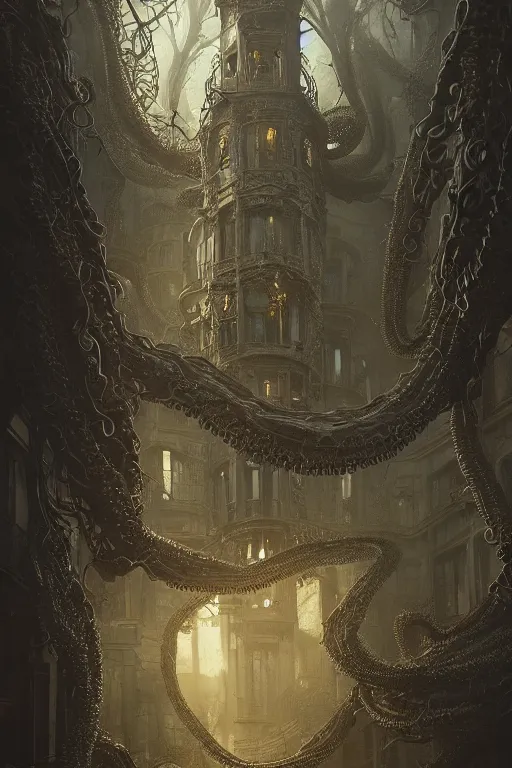 Prompt: A towering organic Victorian House made of eyeballs and tentacles, Lovecraftian, 4k, masterpiece, cinematic, glowing, by Greg Rutkowski, Trending on Artstation, Behance. Polished, Volumetric Lighting