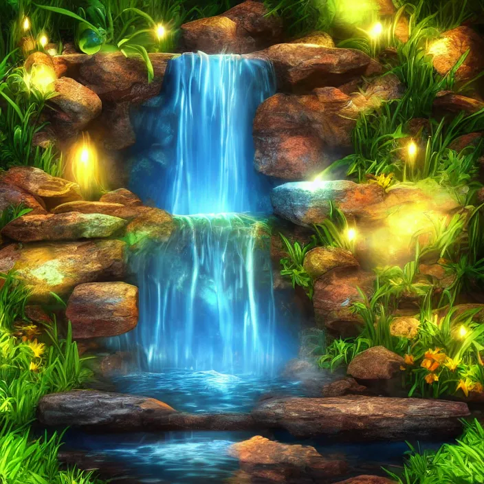 Image similar to Single waterfall with treasure hidden behind the water stream, photo realistic, glowing chest