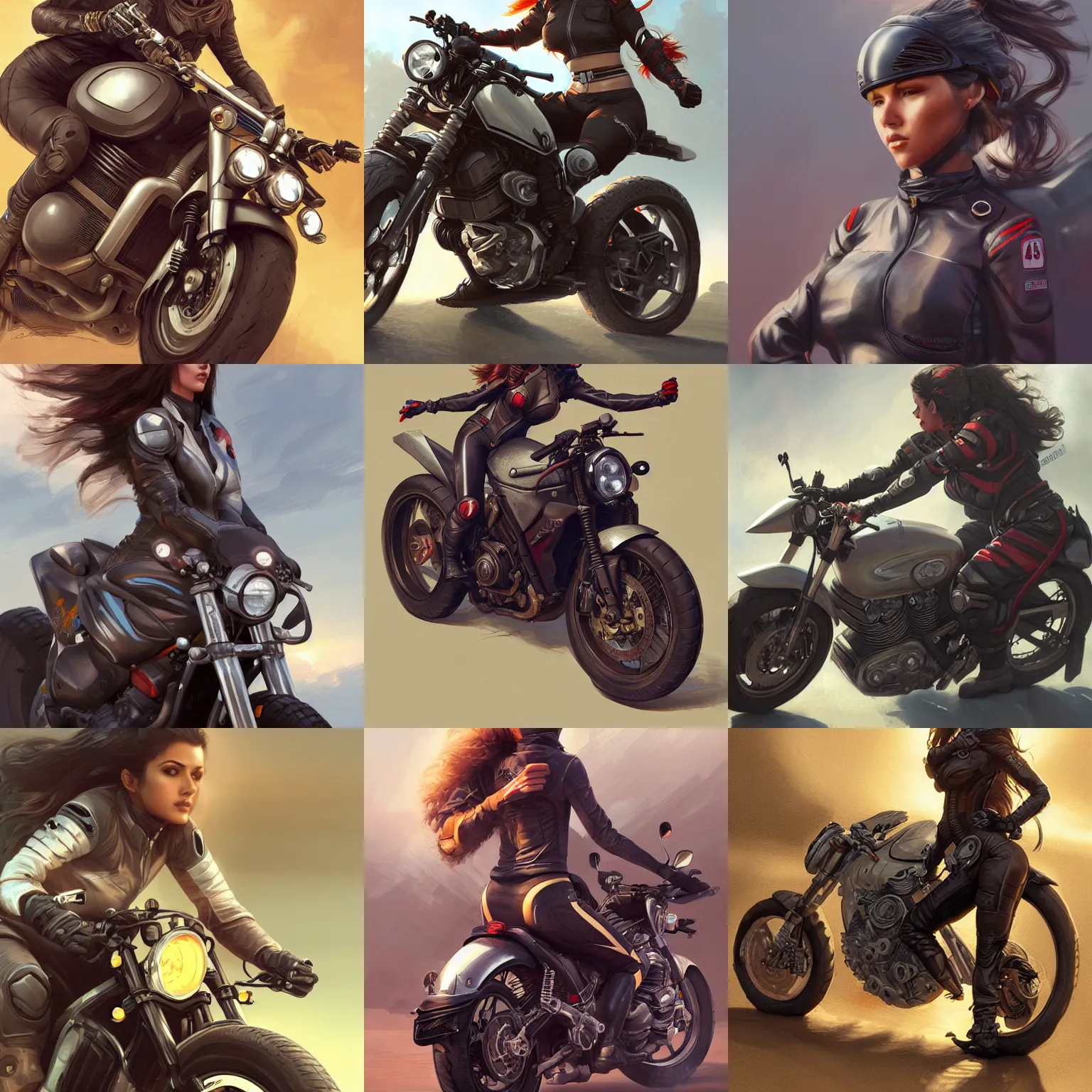 Prompt: female motorcyclist, highly detailed, digital painting, artstation, concept art, sharp focus, illustration, art by artgerm and greg rutkowski