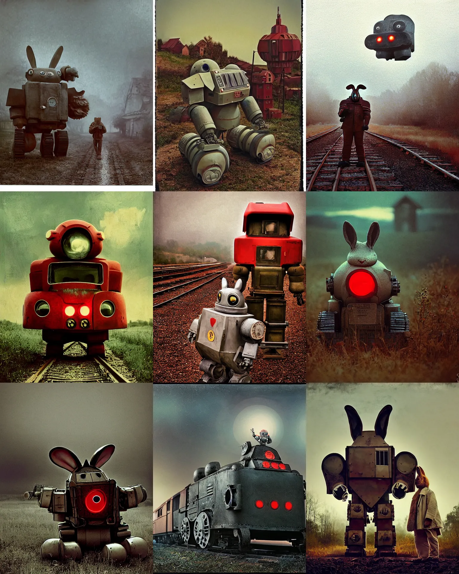 Prompt: giant oversized chubby retro train armored rabbit robot mech, with big rabbit ears , red glowing eyes, on a village , Cinematic focus, Polaroid photo, vintage, neutral colors, soft lights, fuzzy, grainy, dirt stains, cinematic mood , foggy, panorama by Steve Hanks, by Serov Valentin, by lisa yuskavage, by Andrei Tarkovsky