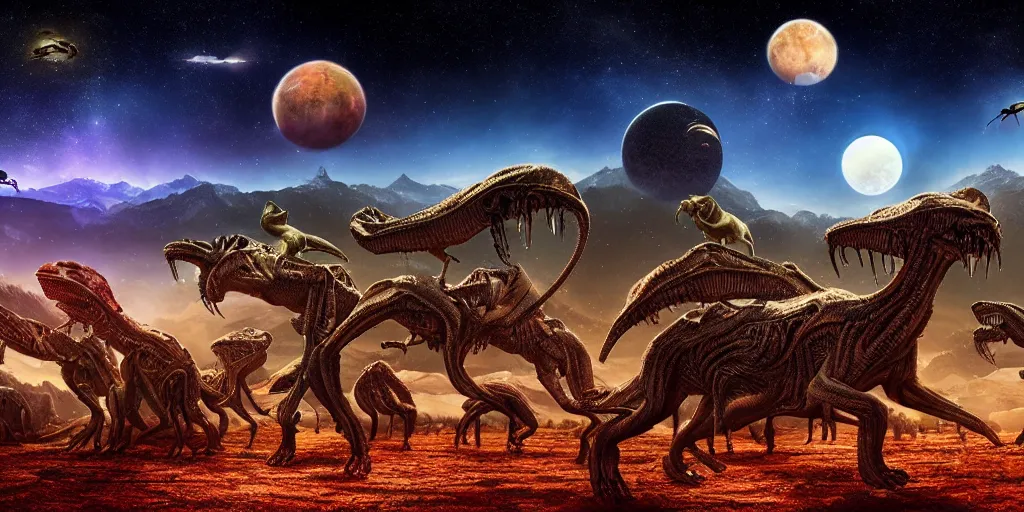 Prompt: landscape image with various different alien animals, extremely detailed digital matte painting, clear skies, night, vibrant, stunning lighting