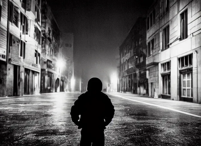 Image similar to boy from the back with a black hoodie, in the sky an illuminated angel stares at him, empty city street at night, heavy rain, cars parked, dramatic lighting, cinematic, establishing shot, extremly high detail, photorealistic, cinematic lighting, post processed