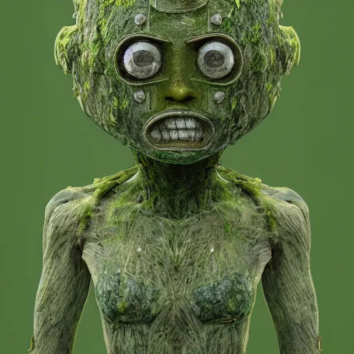 Image similar to a mossy humanoid with a wooden lantern as its head, 4 k photorealism, trending on artstation, 4 k quality