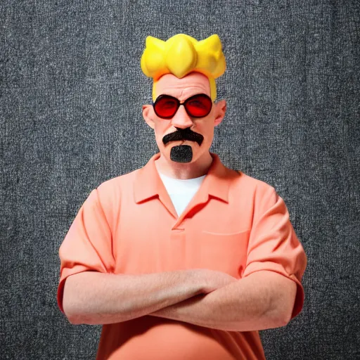 Prompt: real princess peach as walter white, as real person. portrait photography