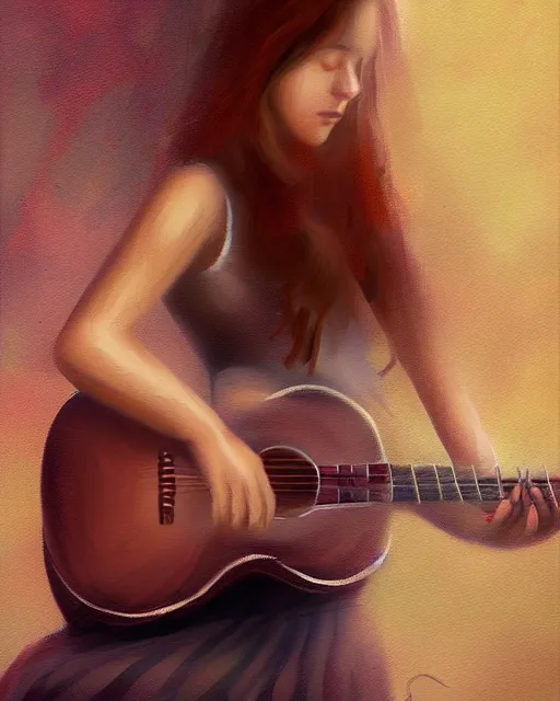 Prompt: a painting of a young country woman playing a guitar in the texas hill - country, in the style of casey baugh, digital art