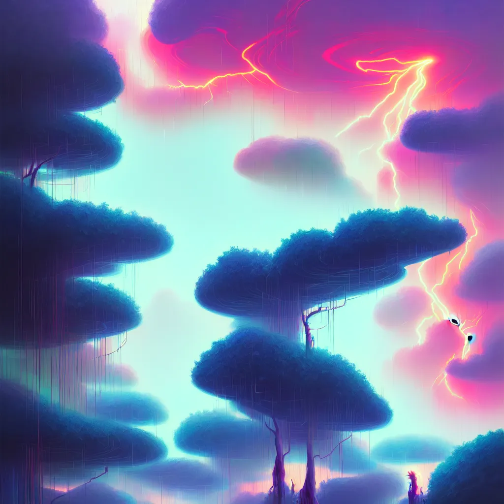 Prompt: a data-center, connector, firewall, cloud, security, river, trees, thunderstorm, trending on Artstation, painting by Jules Julien, Leslie David and Lisa Frank and Peter Mohrbacher and Alena Aenami and Dave LaChapelle muted colors with minimalism