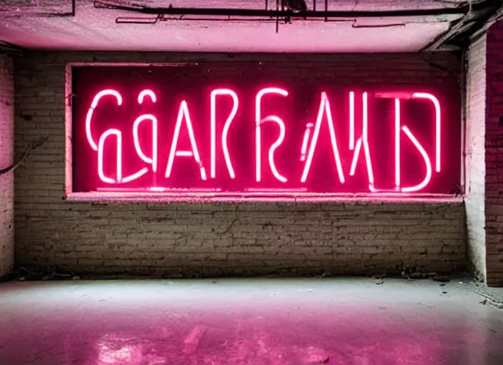 Image similar to an abandoned industrial basement lit a neon sign advertising GAK