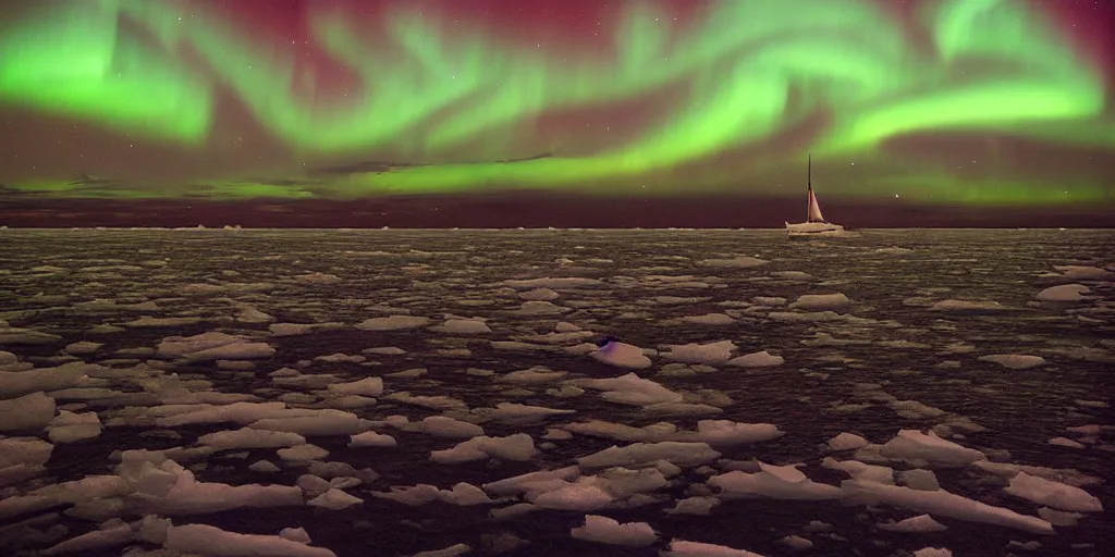 Image similar to “ a single wooden sail ship beset in solid white sea ice, nighttime, aurora borealis visible, ”