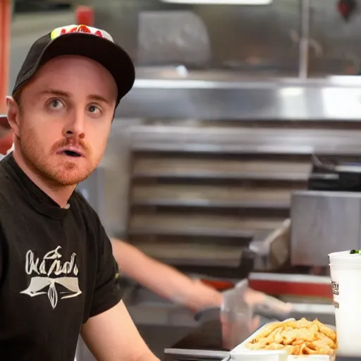 Image similar to photo of jesse pinkman working at a fast food place