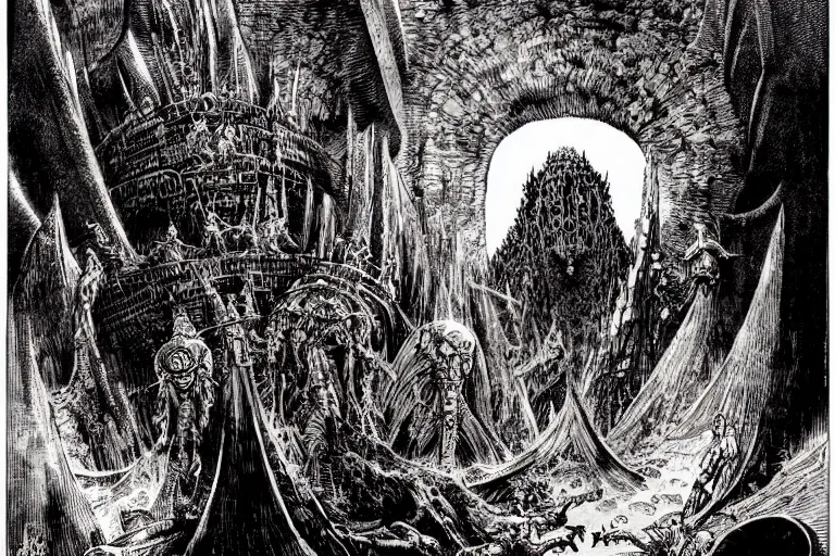 Image similar to hells gates by philippe druillet and gustave dore and much a and moebius and hieronymus bosch