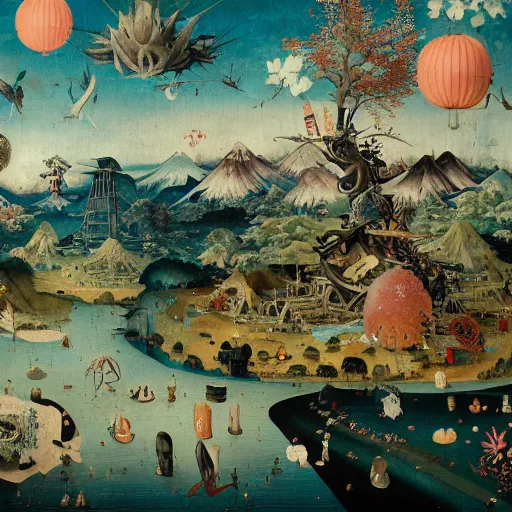 Image similar to Japanese Landscape by Hieronymus Bosch and James Jean, Ross Tran, hypermaximalist, 8k, surreal oil painting, highly detailed, dream like, masterpiece