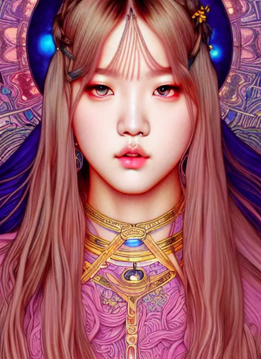 Image similar to lalisa manoban of blackpink, goddess of the moon, tarot card, highly detailed, digital painting, smooth, sharp focus, illustration, ultra realistic, 8 k, art by artgerm and alphonse mucha