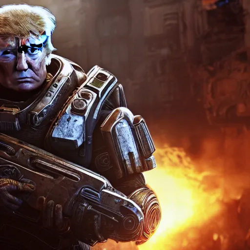 Image similar to Donald Trump as Masterchief in gears of war, splash art, movie still, detailed face, photorealistic facial features, cinematic lighting, dramatic, octane render, long lens, shallow depth of field, bokeh, anamorphic lens flare, 8k, hyper detailed, 35mm film grain