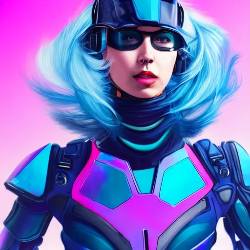 Prompt: a stunning upper body portrait of a beautiful young woman wearing futuristic navy blue and teal battle bodyarmor and pauldrons and ombre purple and pink hairstyle with hair blowing in the wind, by marvel comics, outrun, vaporware, neon, highly detailed, fine detail, intricate, digital art, trending on artstation