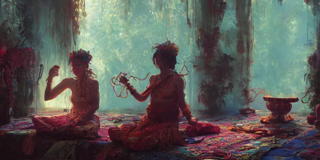 Image similar to grandma, ayahuasca ceremony, indoor organic shaman studio, red vines, serenity, spectral feel, octane render, photoreal, gaston bussiere, greg rutkowski, yoji shinkawa, yoshitaka amano, tsutomu nihei