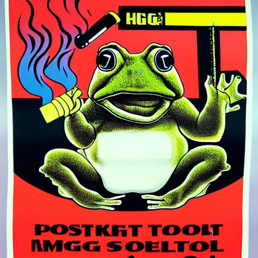 Image similar to A 1980s informational poster from a convention center displaying a cool toad smoking a cigarette. highly detailed, sharp focus, HQ, post grunge, subtle colors.