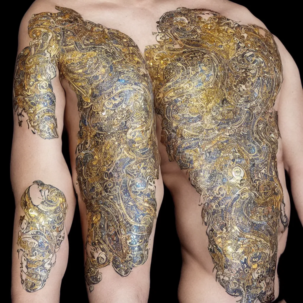 Image similar to white elephant covered entirely with fine detailed gold leaf prismatic tattoos with realistic shadows and glowing precious gems