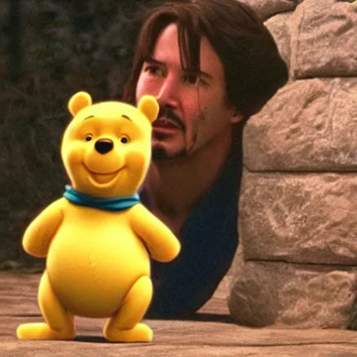 Image similar to A still of Keanu Reeves as Winnie the Pooh