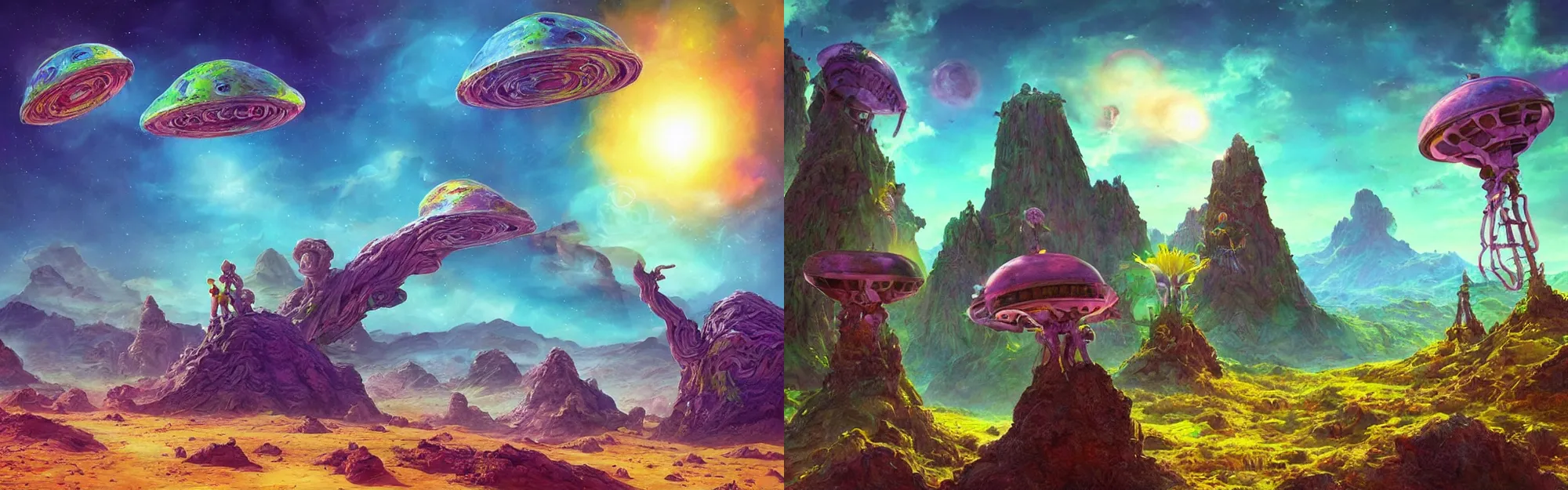 Prompt: “Cute aliens on a beautiful Colorful planet terrain” they are happy and waving to us, matte painting, concept art, digital art, Hyperdetailed, Anne Stokes, H R Giger , 4K,