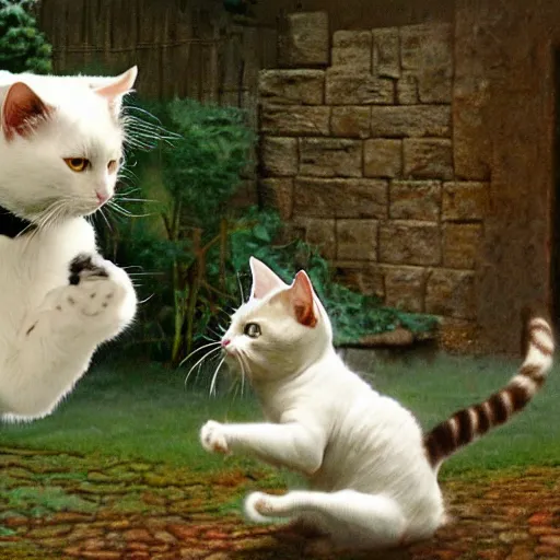 Image similar to 2 cats playing in the garden, one of them is white, by Timothy Burton, Cinematic