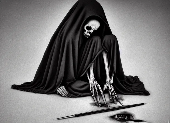 Prompt: this sorrowful picture illustrates the poignant death of the grim reaper and established the republic of life. hyperrealism, intricate details, trending on artsation