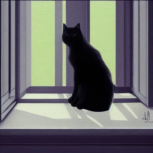 Prompt: peaceful dreamy painting of a content black cat sitting by a window, sunshine coming through the window, small plants on the window sill, 8k, hyper realism, trending on artstation, octane render