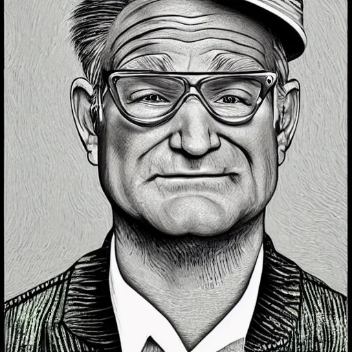 Image similar to portrait of robin williams, caricature,, mashup between mc escher and vincent van gogh