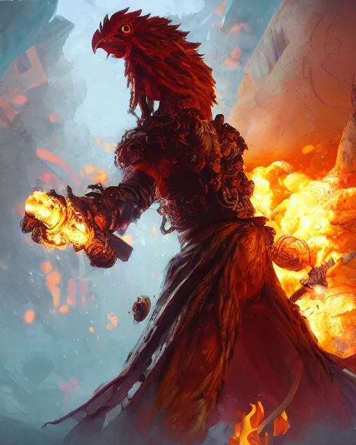 Image similar to Chicken, Anthropomorphized, holding flamethrower, raging, Golden city atmosphere, magic the gathering artwork, D&D, fantasy, cinematic lighting, centered, symmetrical, highly detailed, digital painting, artstation, concept art, smooth, sharp focus, illustration, volumetric lighting, epic Composition, 8k, art by Akihiko Yoshida and Greg Rutkowski and Craig Mullins, heroic pose, oil painting, cgsociety