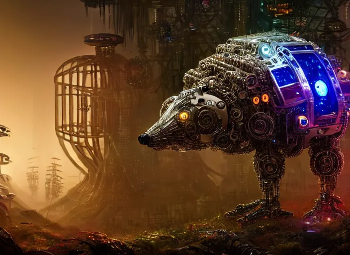 Image similar to giant intricate mechanical hedgehog with cybernetic enhancements and visible gears and fiber optics, on the background of a weird magical mechanical forest. Very detailed 8k. Fantasy cyberpunk horror. Sharp. Cinematic post-processing. Unreal engine. Nanite. Ray tracing. Parallax. Tessellation