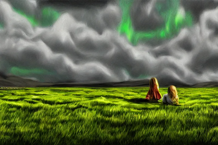 Prompt: a concert on a green icelandic field by in the style of bjork and metallica, digital painting, stylised, extreme nature 4 k