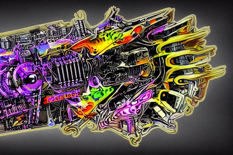 Image similar to bumper sticker of a rockband, name is tripmachine, on the sticker is a 3 d render of a huge futuristic steampunk generator, 8 k, fluorescent colors, halluzinogenic, multicolored, exaggerated detailed, silk screen art