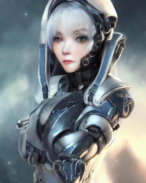 Image similar to detailed portrait of perfect android girl, warframe armor, beautiful face, scifi, futuristic, space station, laboratory, song hye - kyo, dreamy, long white hair, blue cyborg eyes, cinematic lighting, innocent, highly detailed, sharp focus, smooth, artstation, intricate, award winning, pure aura, divine, by akihiko yoshida