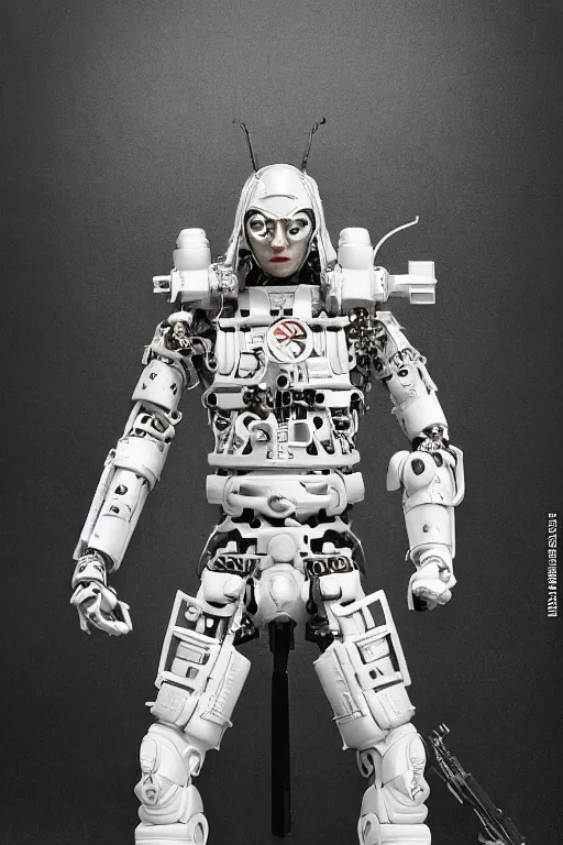 Image similar to cyborg with white and black ancestral ornate japanese tactical gear, long shot, by irving penn and storm thorgerson, madhouse studios, ren heng, peter elson, alvar aalto, makoto shinkai